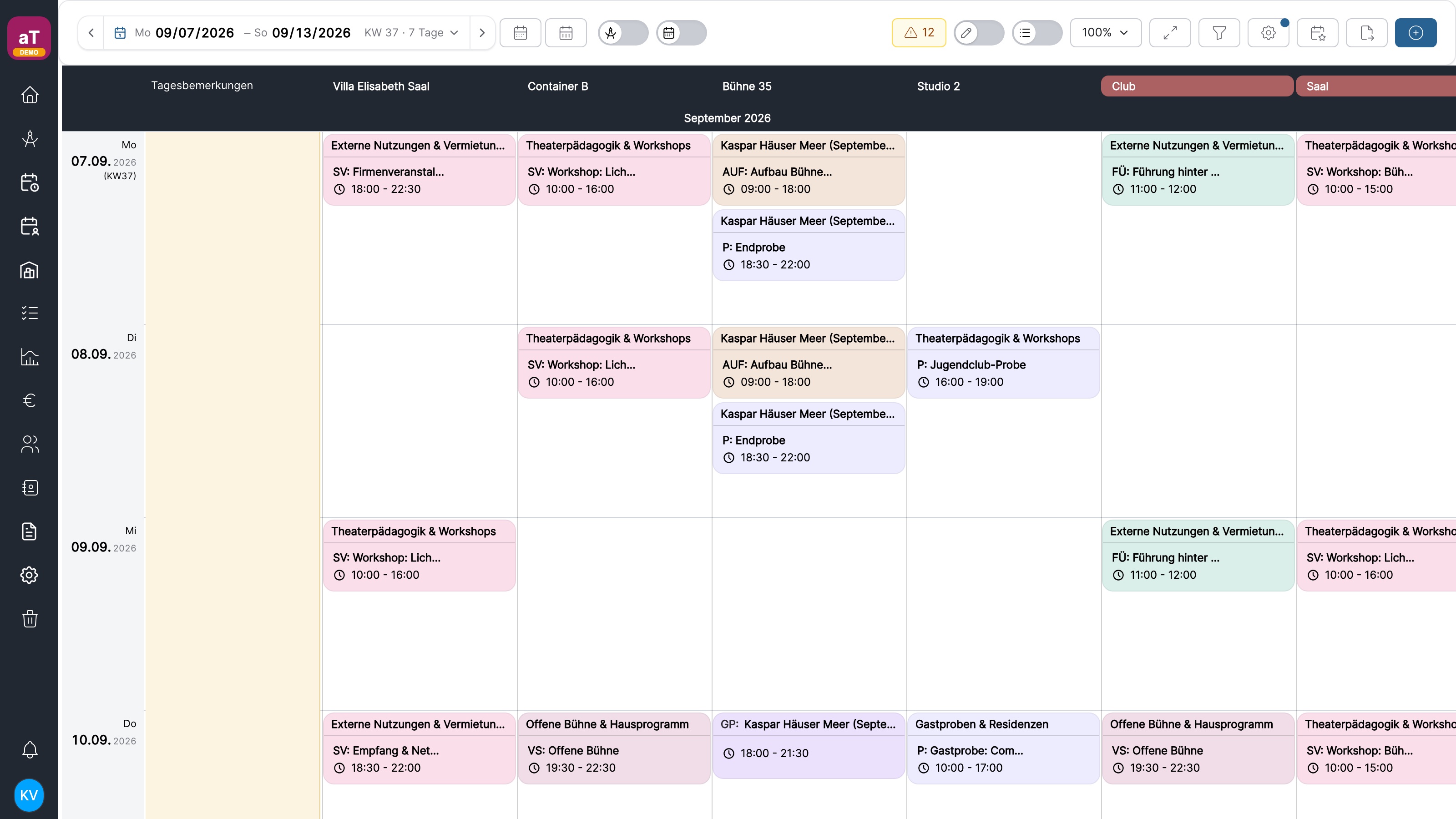 Raumkalender in artwork mit Räumen als Spalten und Terminen im Tagesraster