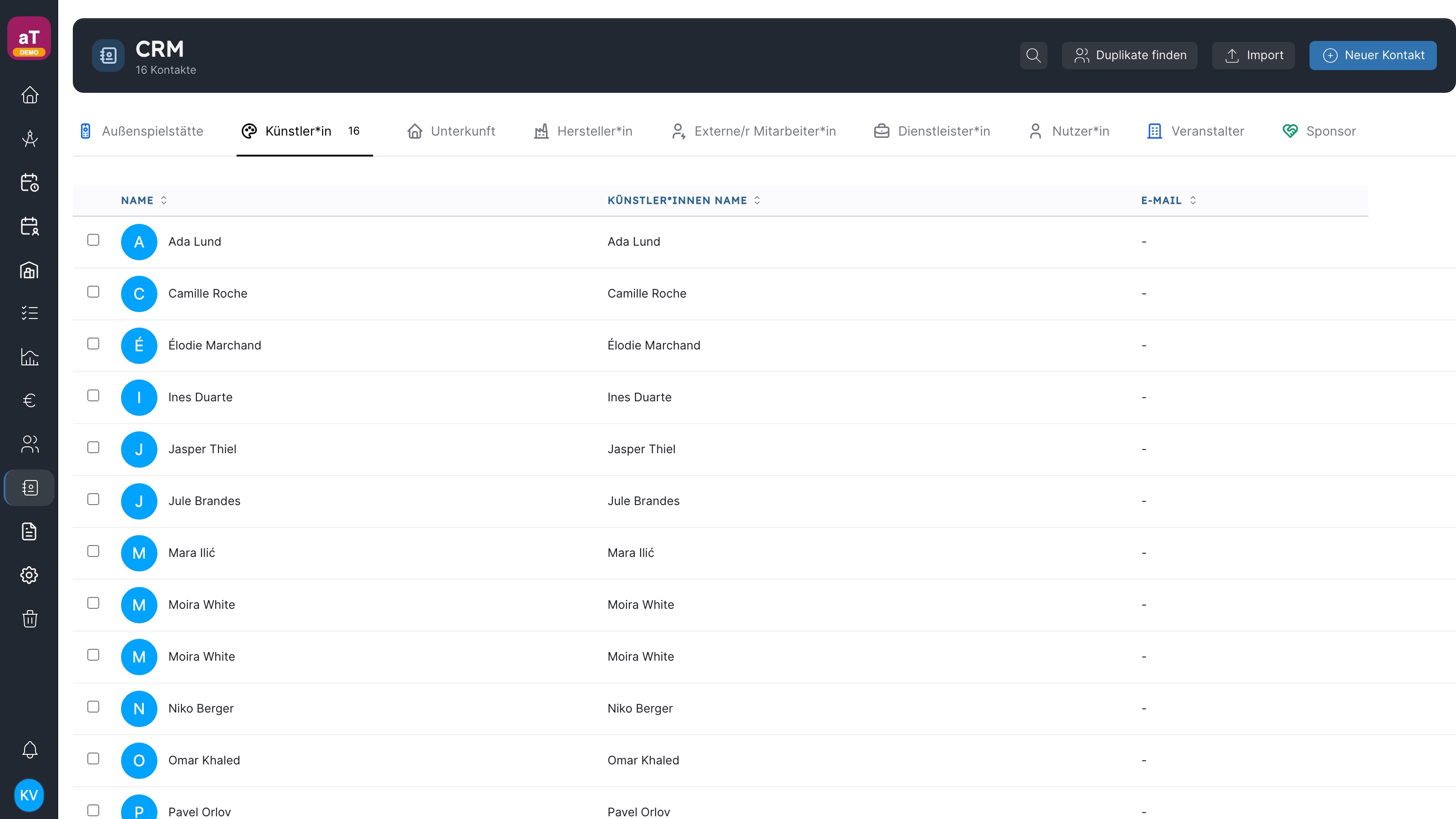 CRM in artwork mit verschiedenen Kontaktarten, Suchfunktion und Import